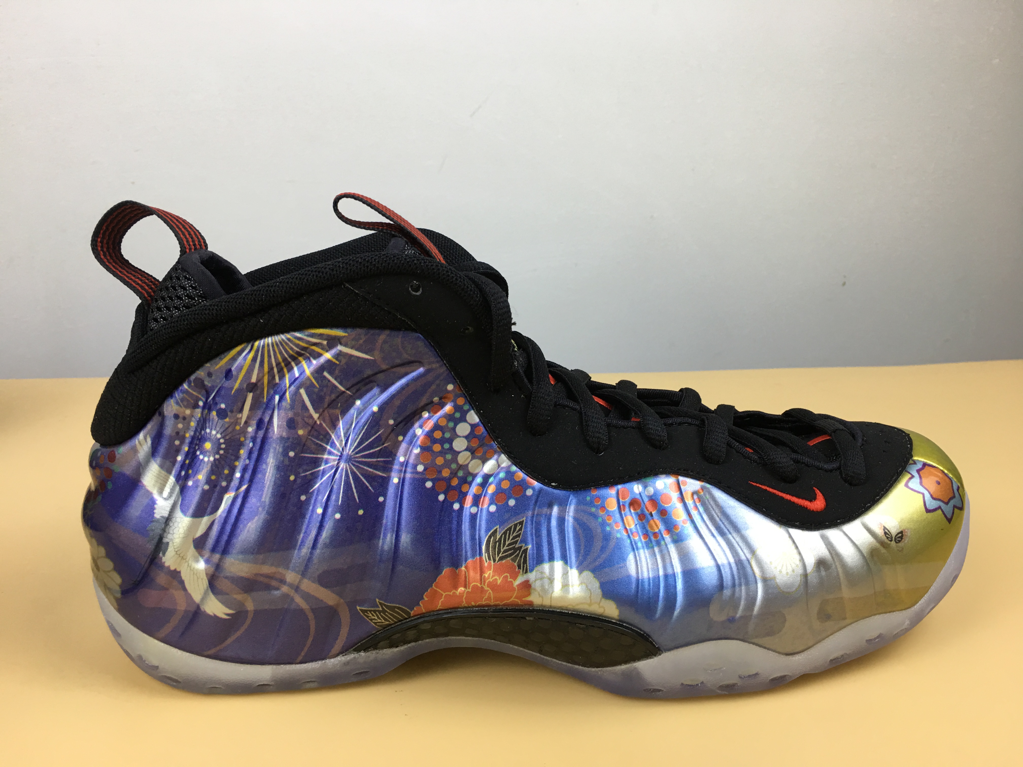 Men Nike Air Foamposite One QS LNY Colorful Print Black Shoes - Click Image to Close